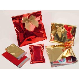 50 BUSTE REGALO IN PPL METAL LUCIDO 20x35+5cm ORO con patella adesiva