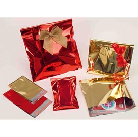 50 BUSTE REGALO IN PPL METAL LUCIDO 25x40+5cm ORO con patella adesiva